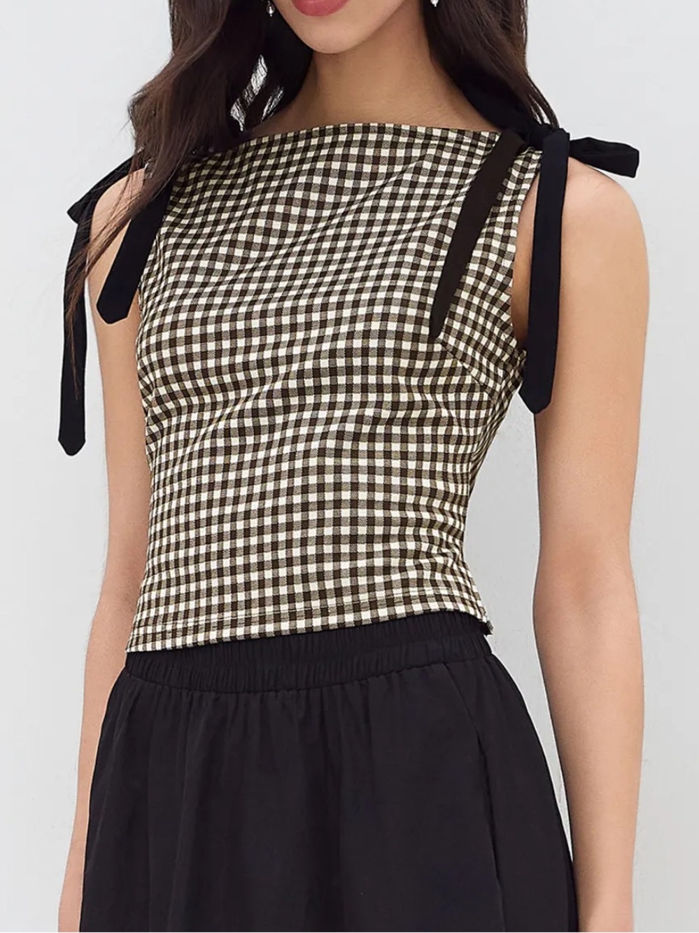 Cider Gingham Tie-Shoulder Cropped Tank Top - Brown/White